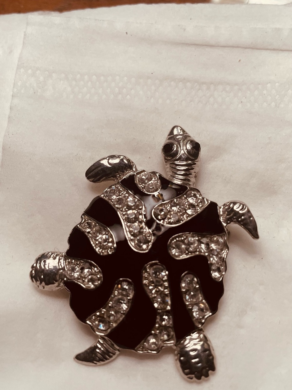 Silver Tone Black Turtle Brooch with Clear Crystals